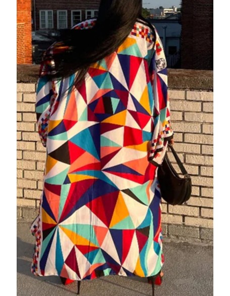 Geometric Print Cami Top & Drawstring Pants Set With Longline Coat