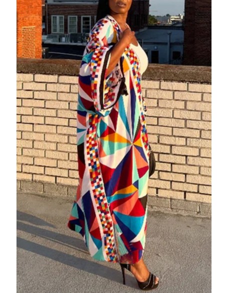 Geometric Print Cami Top & Drawstring Pants Set With Longline Coat