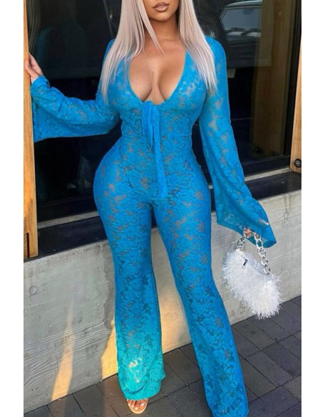 Mesh Patch Glitter Rhinestone Wide Leg Jumpsuit